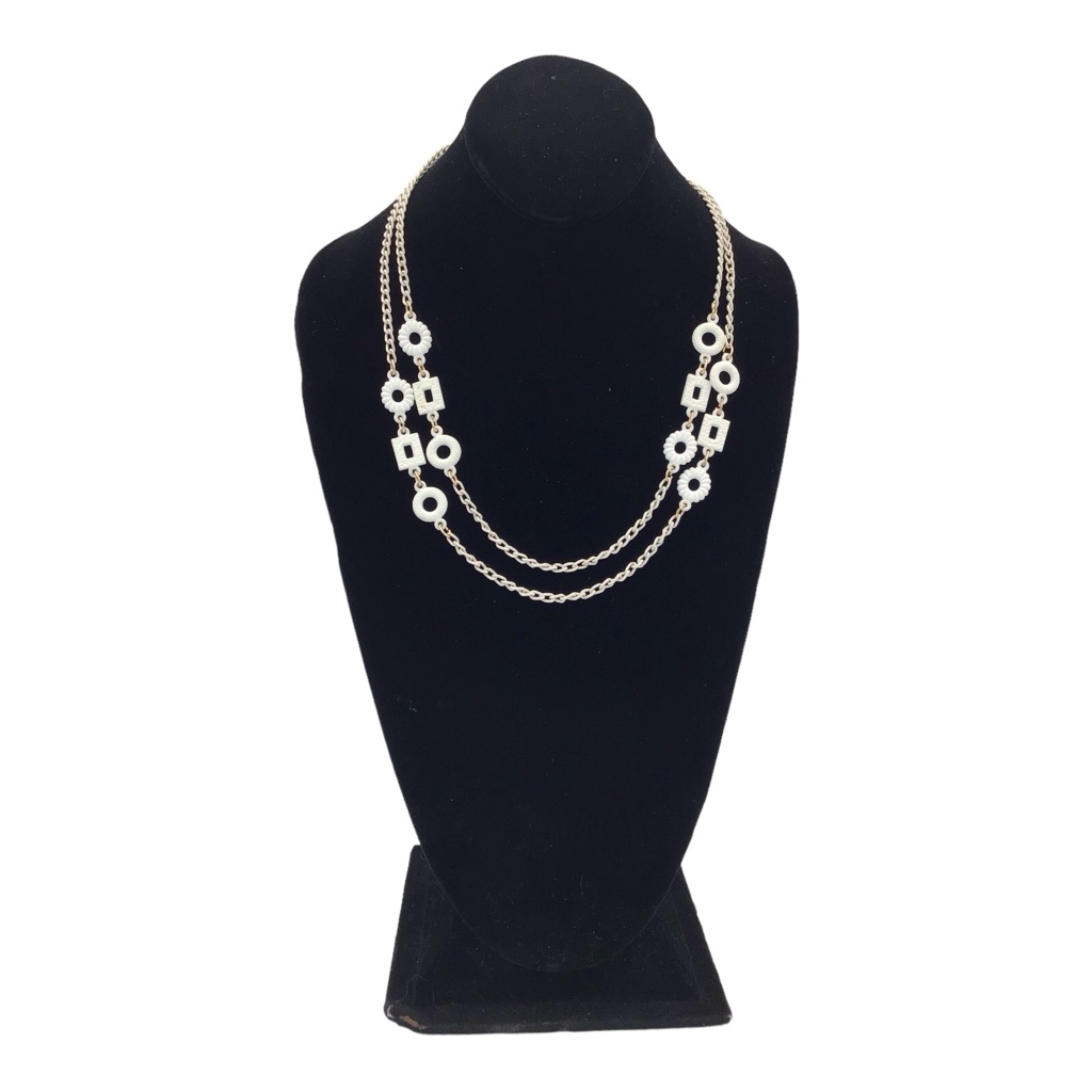 Old Vintage Delicate White Etched Plastic Beads On White Metal Chain Necklace